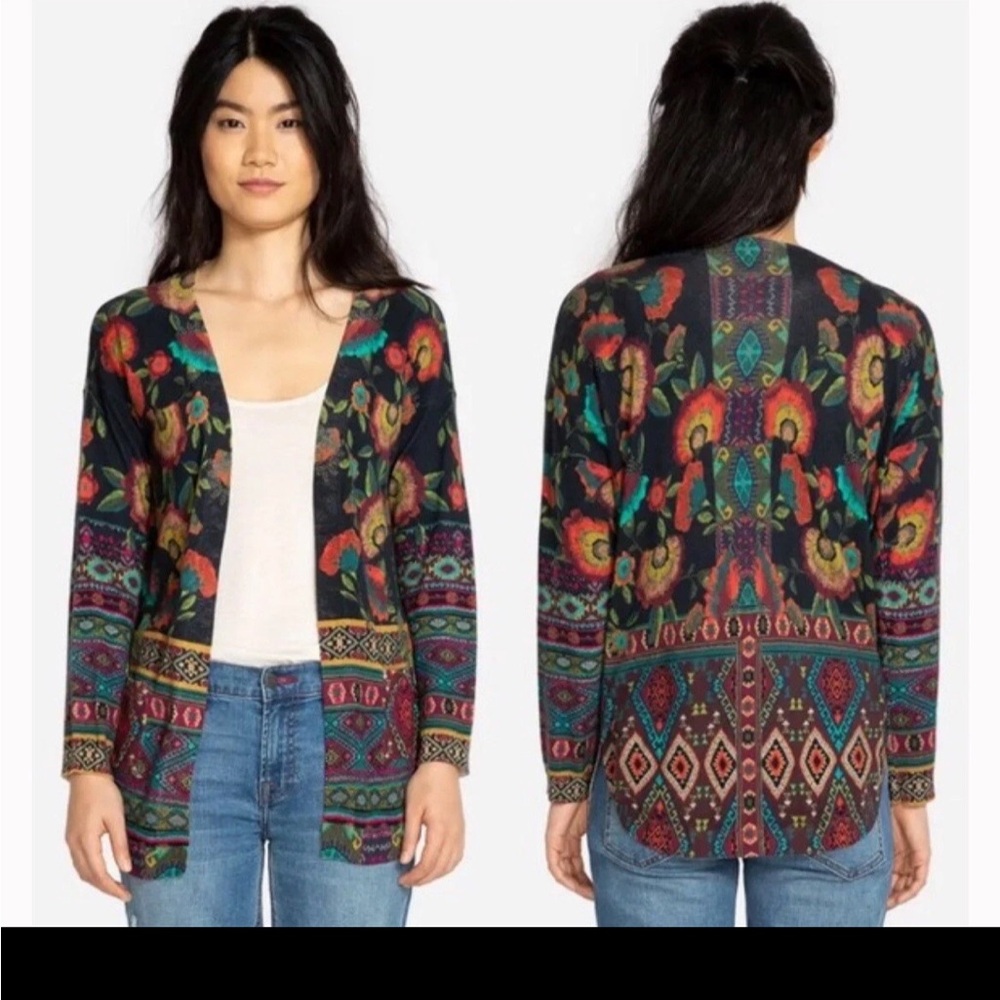 JOHNNY WAS Mila Cotton Cashmere Open Front Boho Cardigan Sweater Sz S